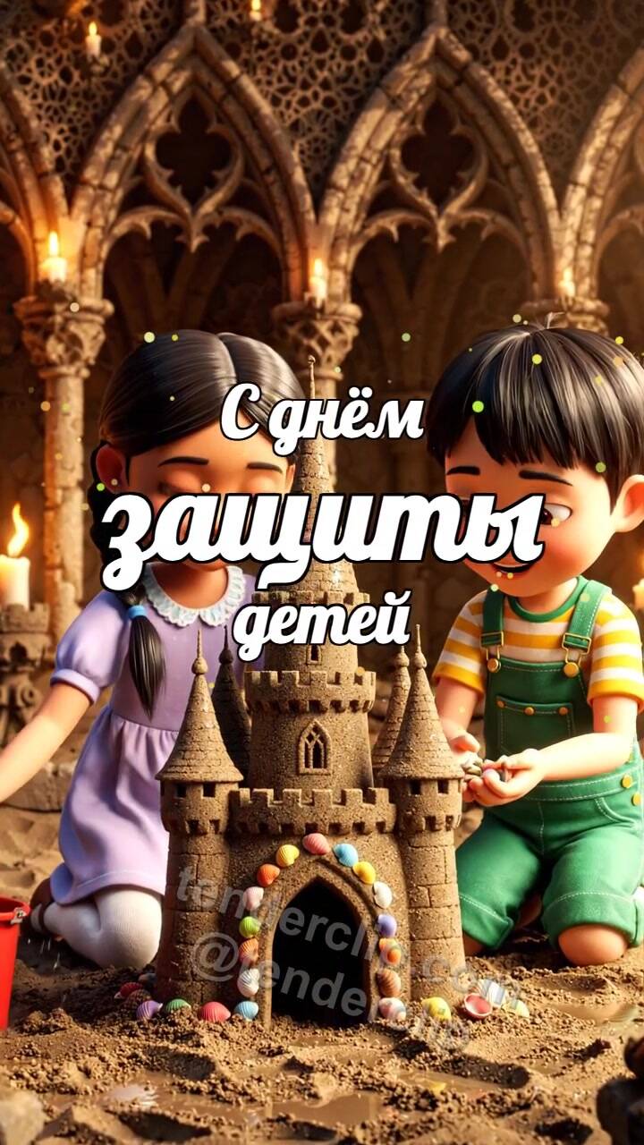 Анимационная открытка на тему С днём защиты детей: дети строят замок в песочнице
