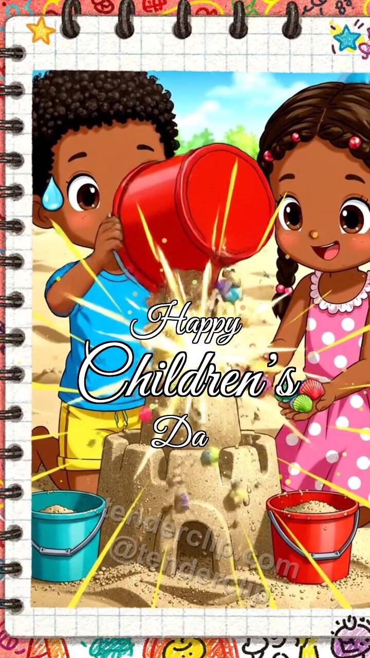 Animated greeting card about Happy Children’s Day: children build a sandcastle