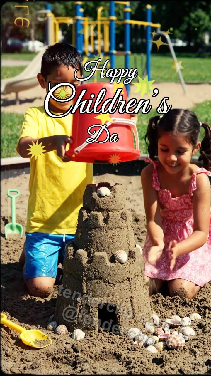 Animated greeting card about Happy Children’s Day: children build a sandcastle