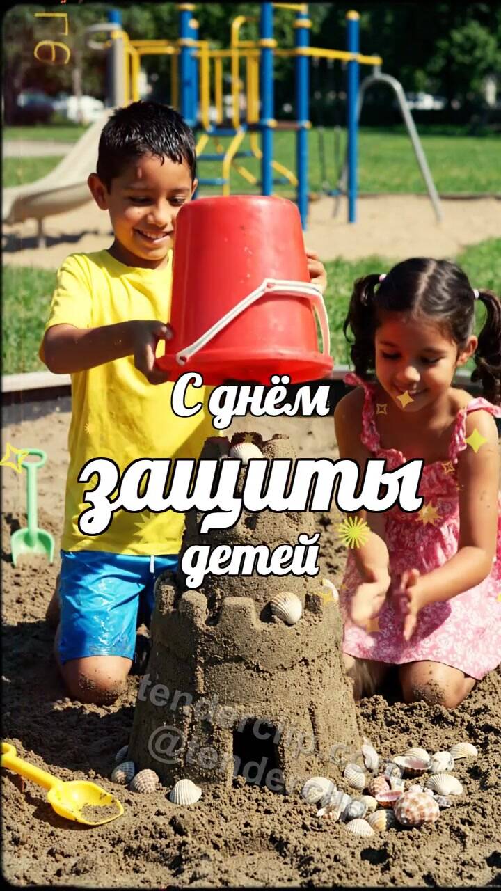 Анимационная открытка на тему С днём защиты детей: дети строят замок в песочнице