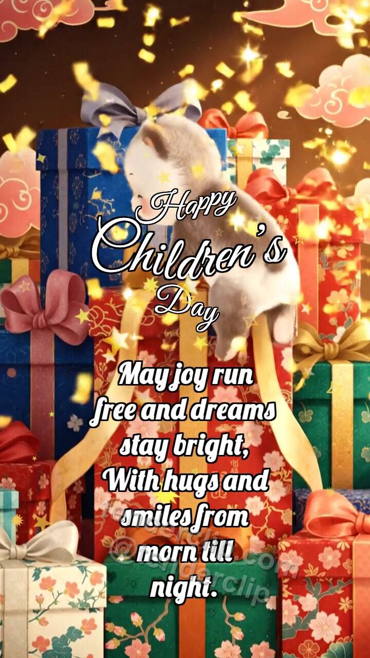 Animated greeting card about Happy Children’s Day: Bear Cub On Toy Gifts