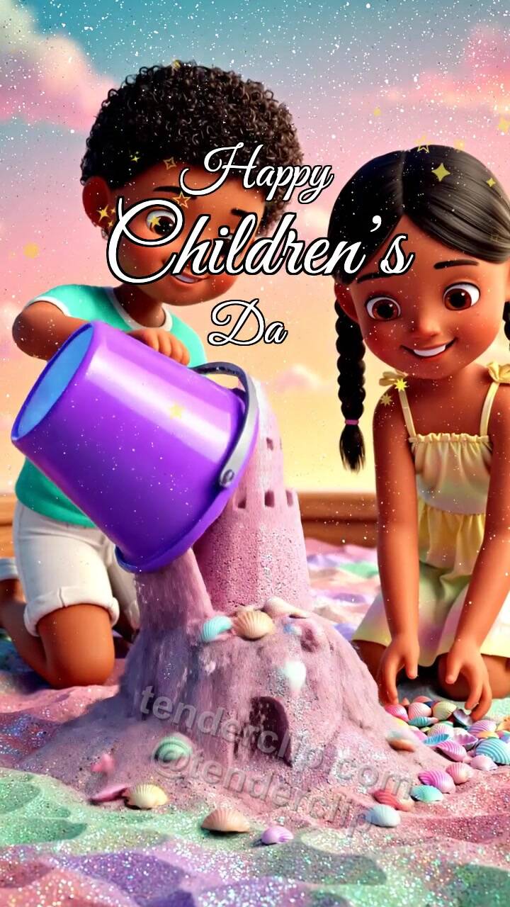 Animated greeting card about Happy Children’s Day: children build a sandcastle