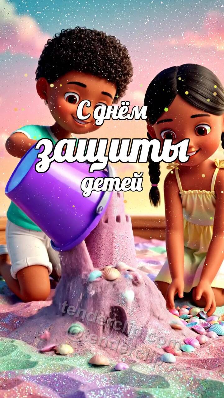 Анимационная открытка на тему С днём защиты детей: дети строят замок в песочнице