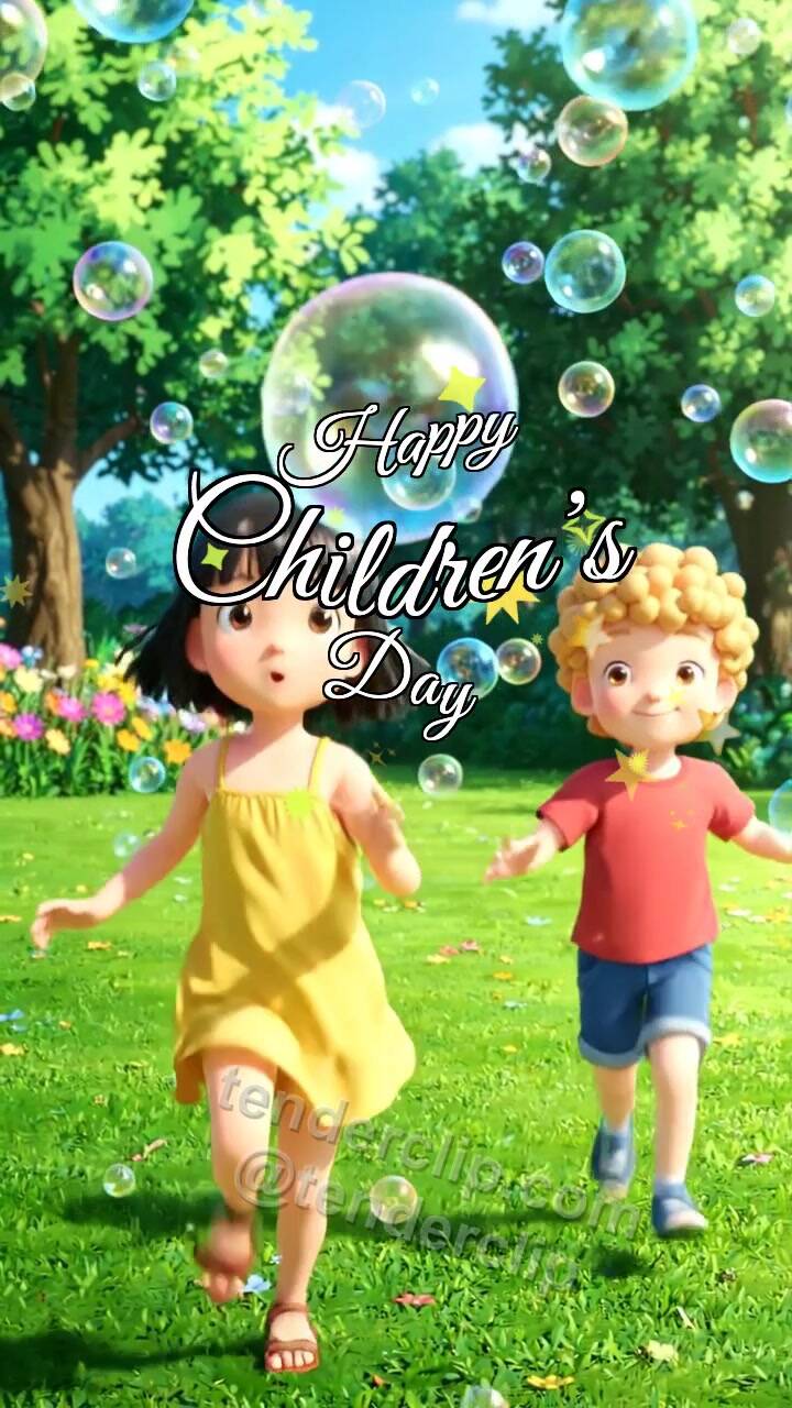 Animated greeting card about Happy Children’s Day: children chase soap bubbles