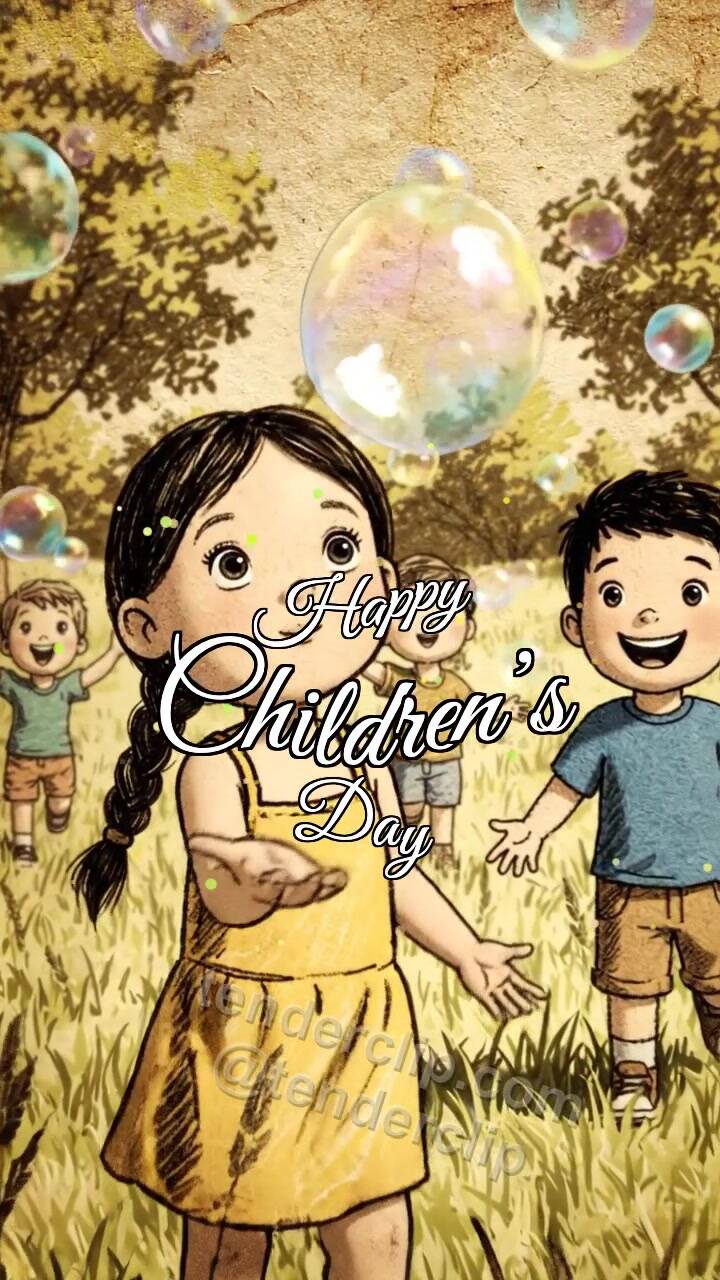 Animated greeting card about Happy Children’s Day: children chase soap bubbles