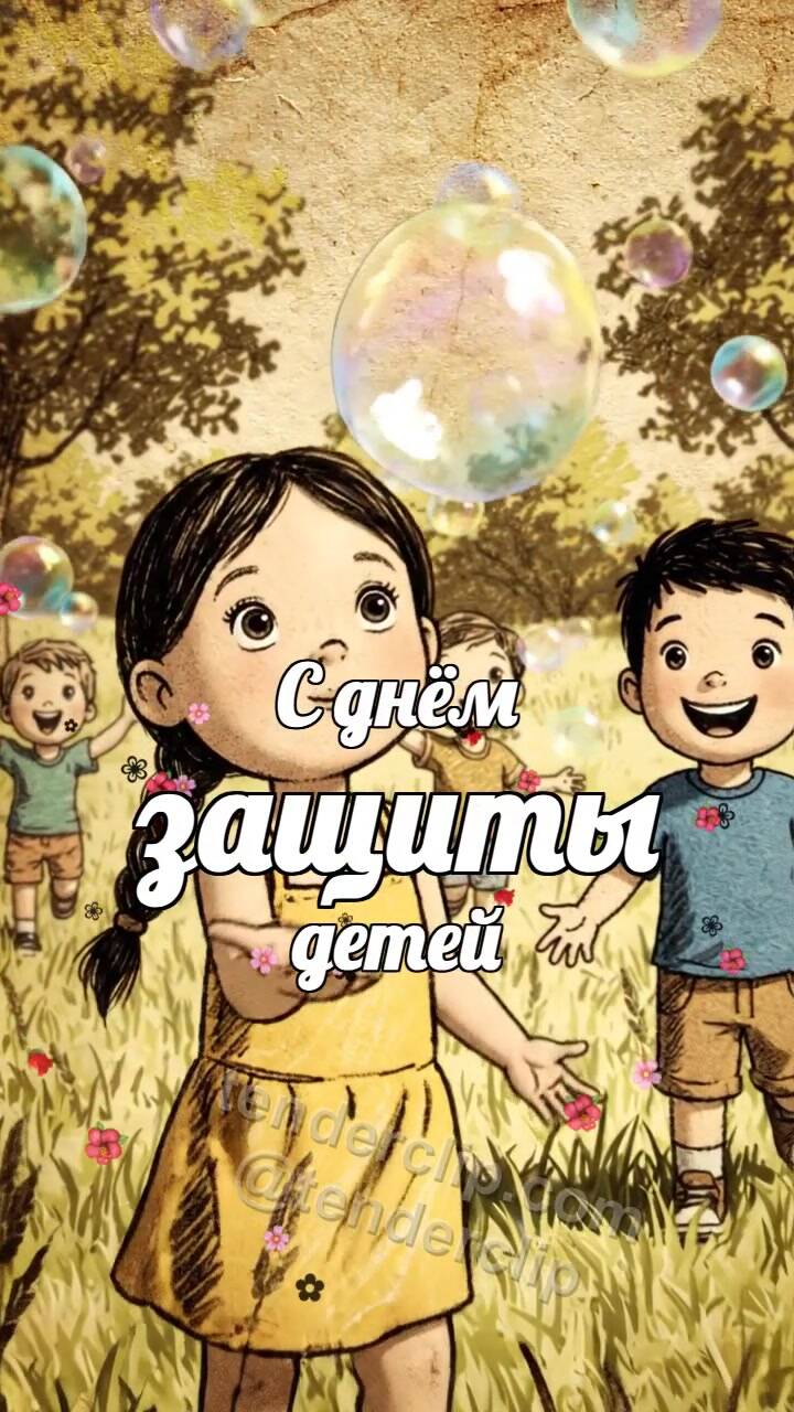 Анимационная открытка на тему С днём защиты детей: дети ловят мыльные пузыри