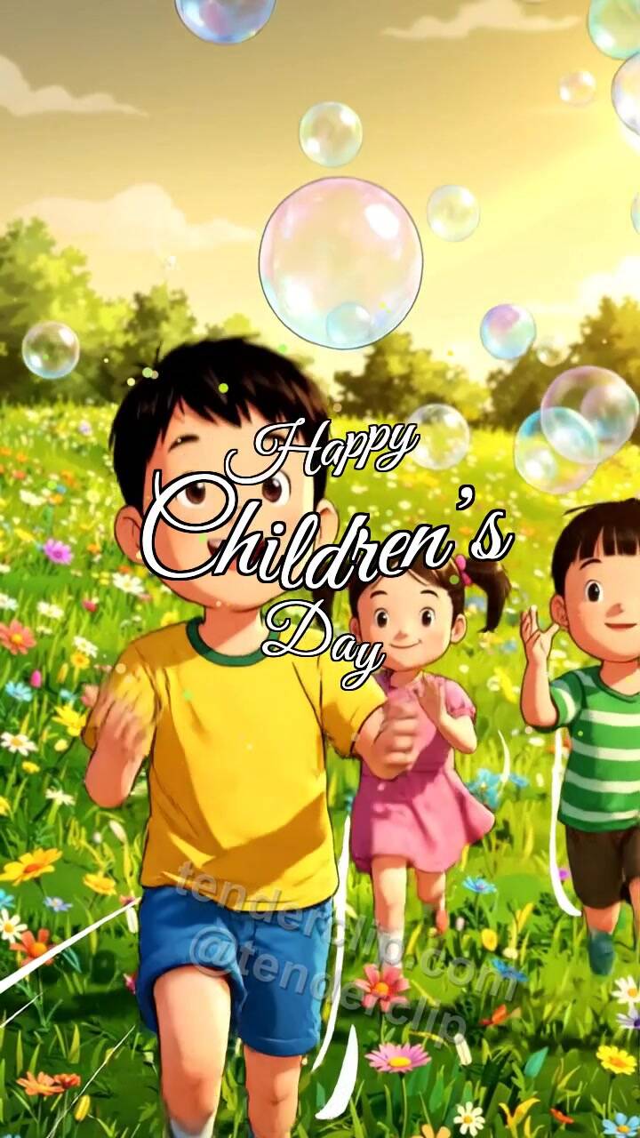 Animated greeting card about Happy Children’s Day: children chase soap bubbles