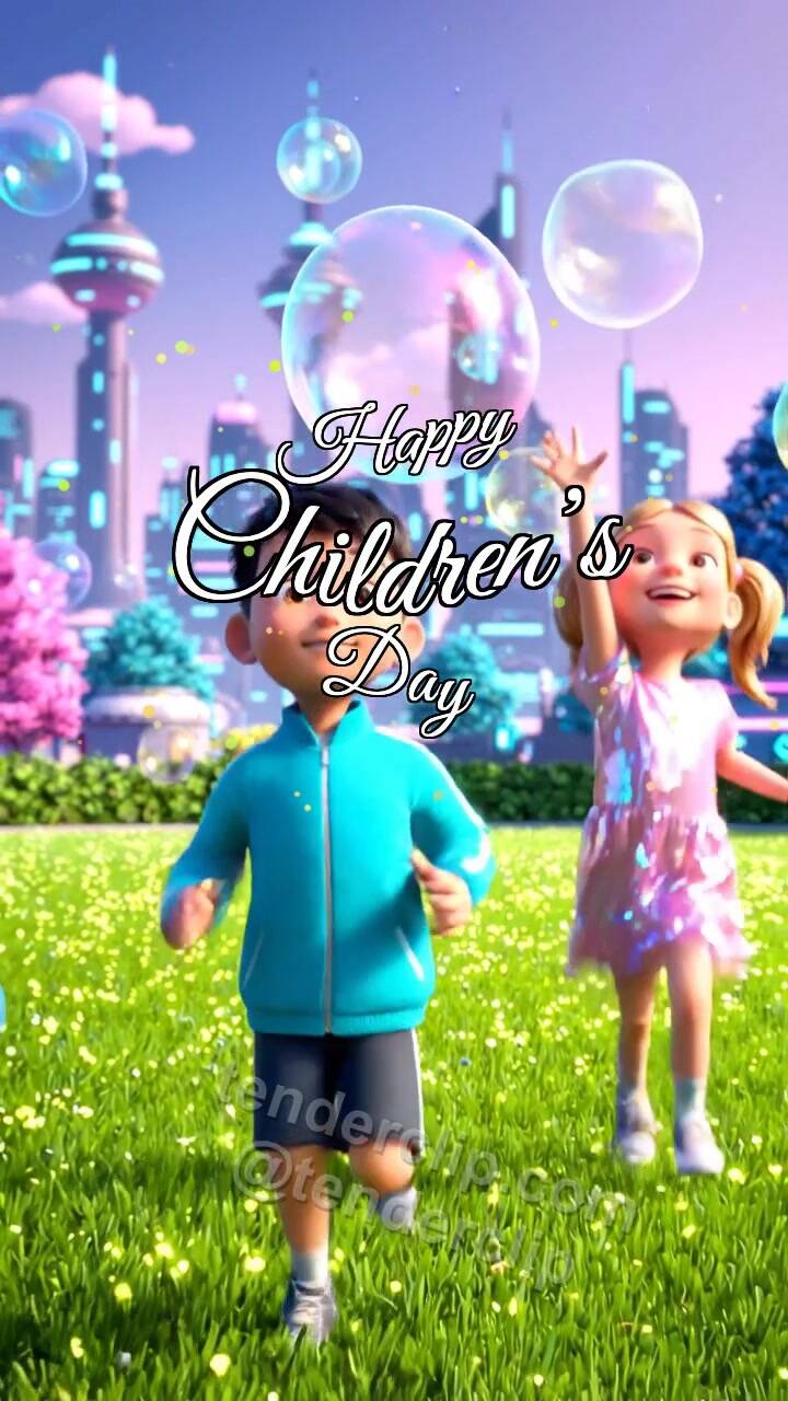 Animated greeting card about Happy Children’s Day: children chase soap bubbles