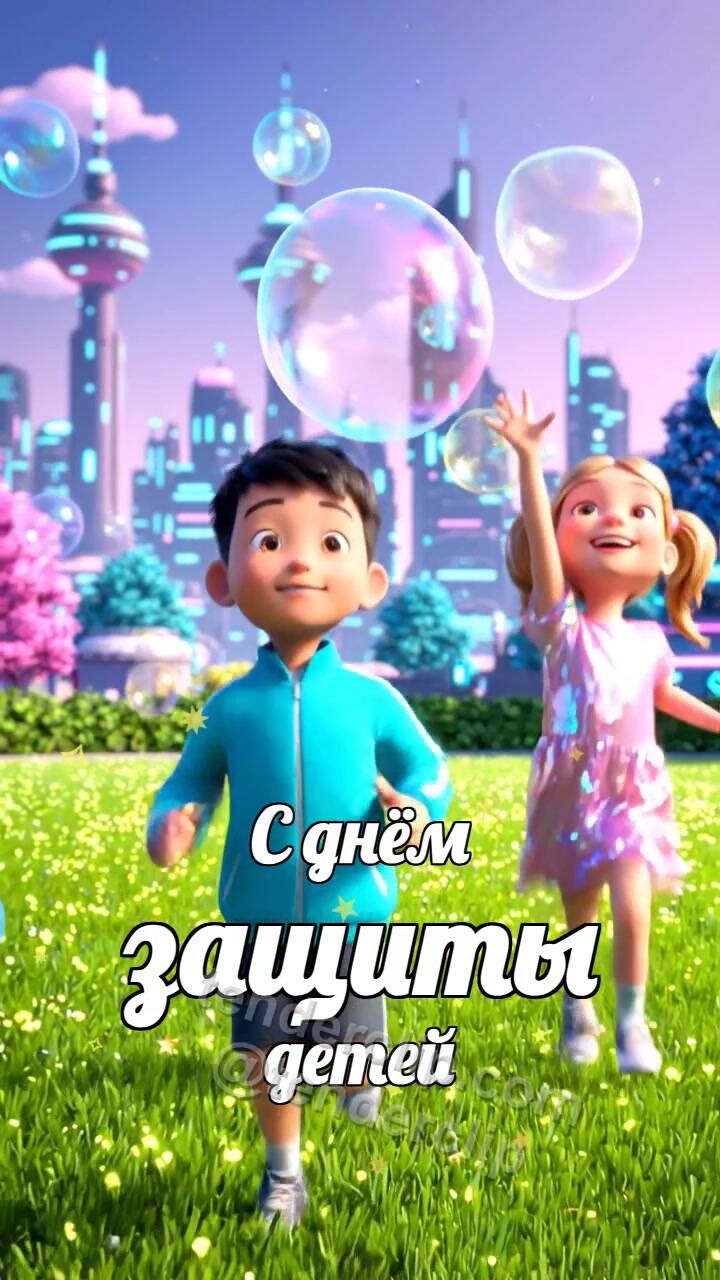 Анимационная открытка на тему С днём защиты детей: дети ловят мыльные пузыри