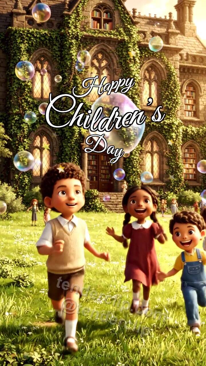 Animated greeting card about Happy Children’s Day: children chase soap bubbles