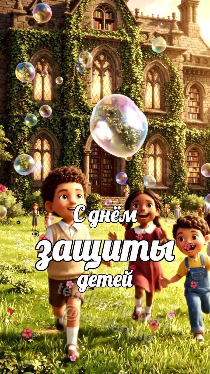Анимационная открытка на тему С днём защиты детей: дети ловят мыльные пузыри