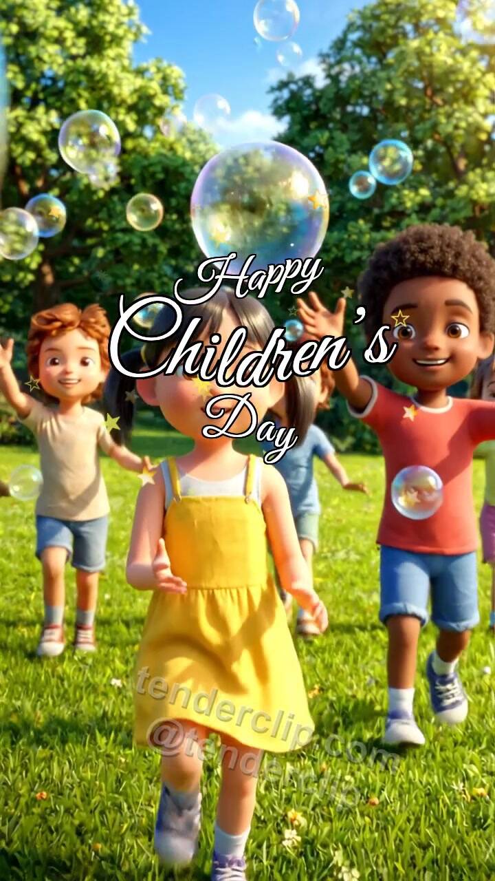 Animated greeting card about Happy Children’s Day: children chase soap bubbles
