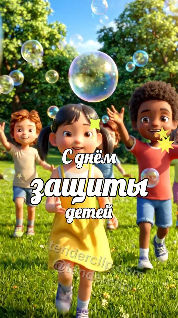 Анимационная открытка на тему С днём защиты детей: дети ловят мыльные пузыри