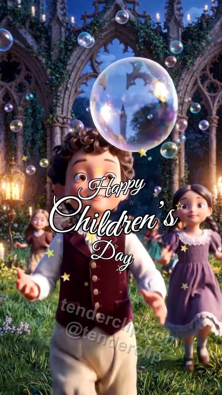 Animated greeting card about Happy Children’s Day: children chase soap bubbles