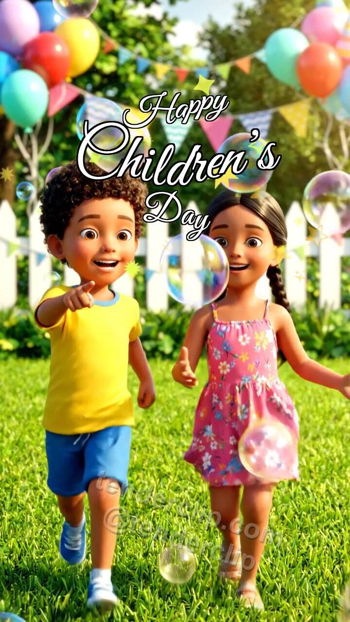 Animated greeting card about Happy Children’s Day: children chase soap bubbles