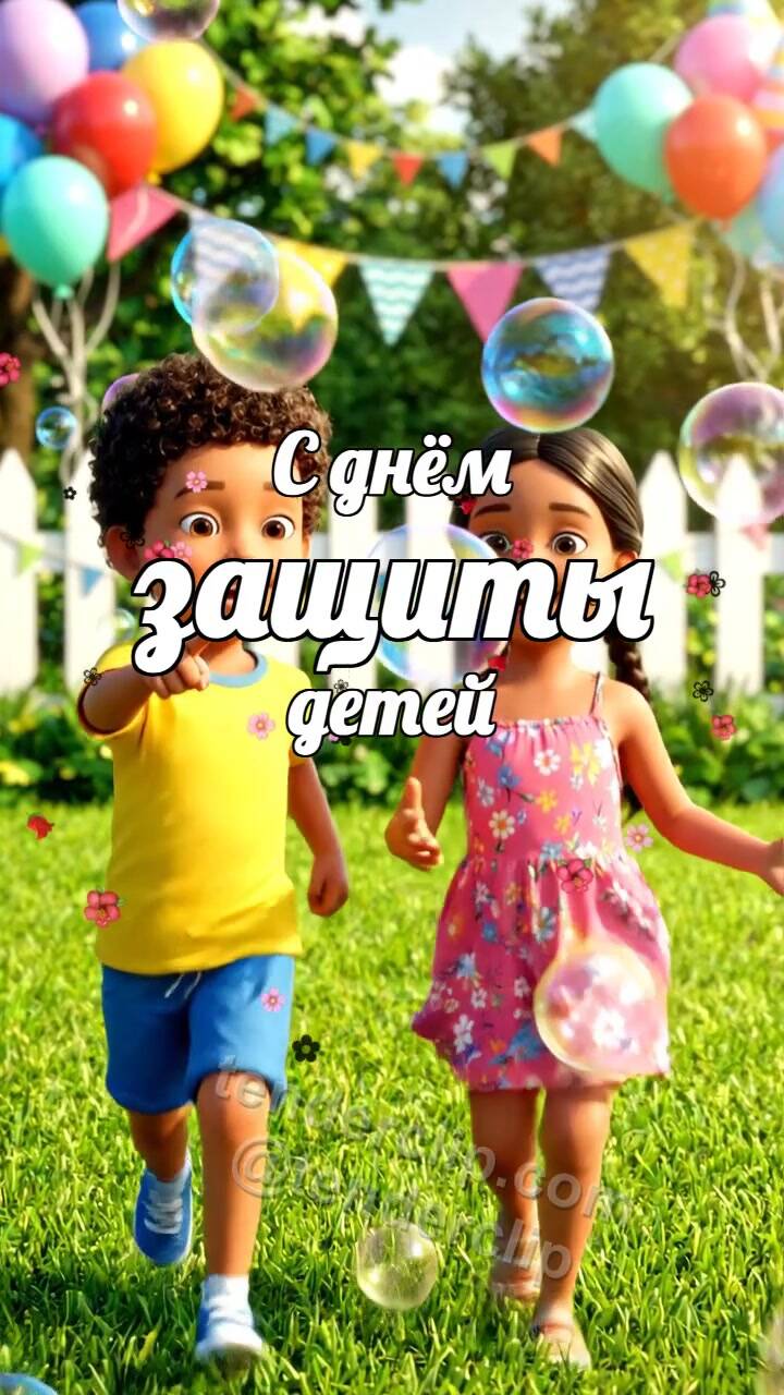 Анимационная открытка на тему С днём защиты детей: дети ловят мыльные пузыри