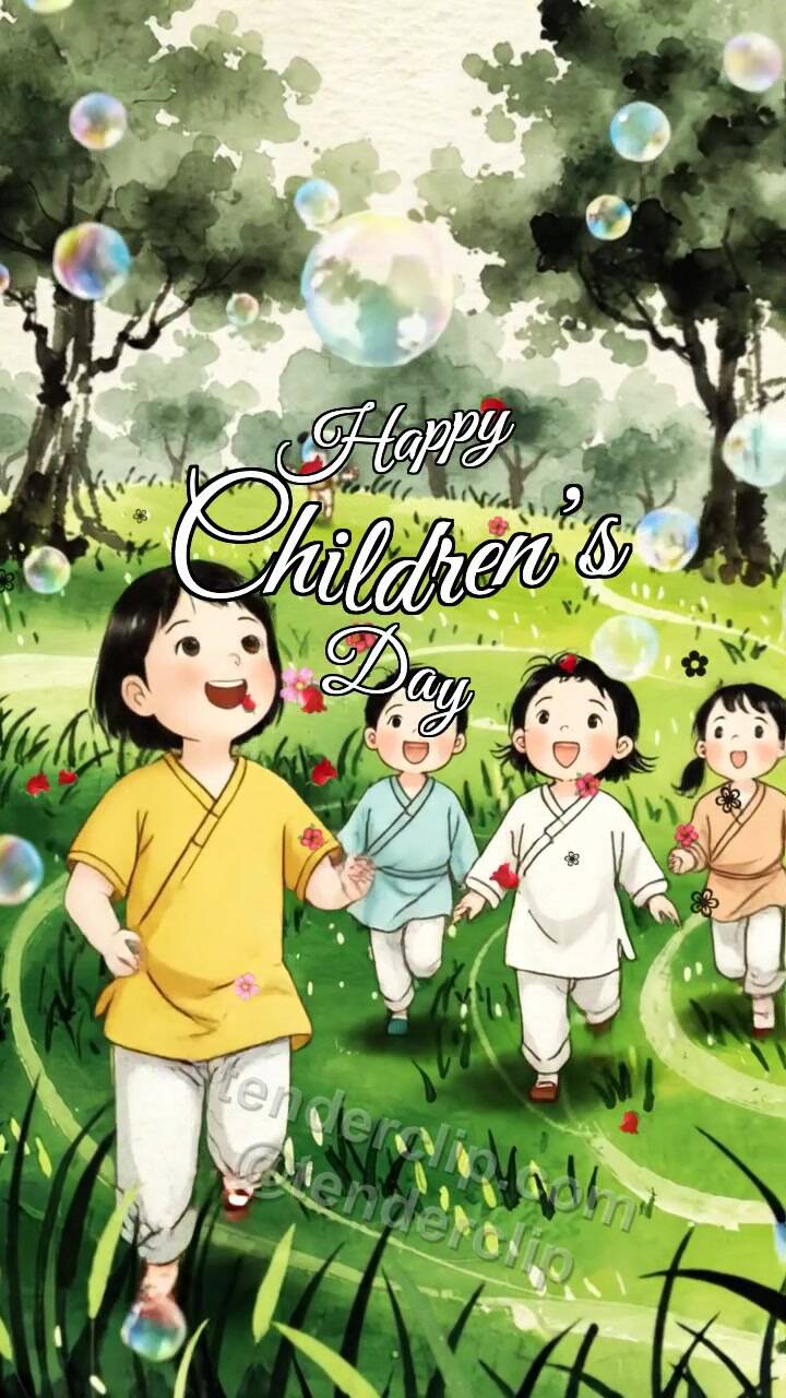 Animated greeting card about Happy Children’s Day: children chase soap bubbles