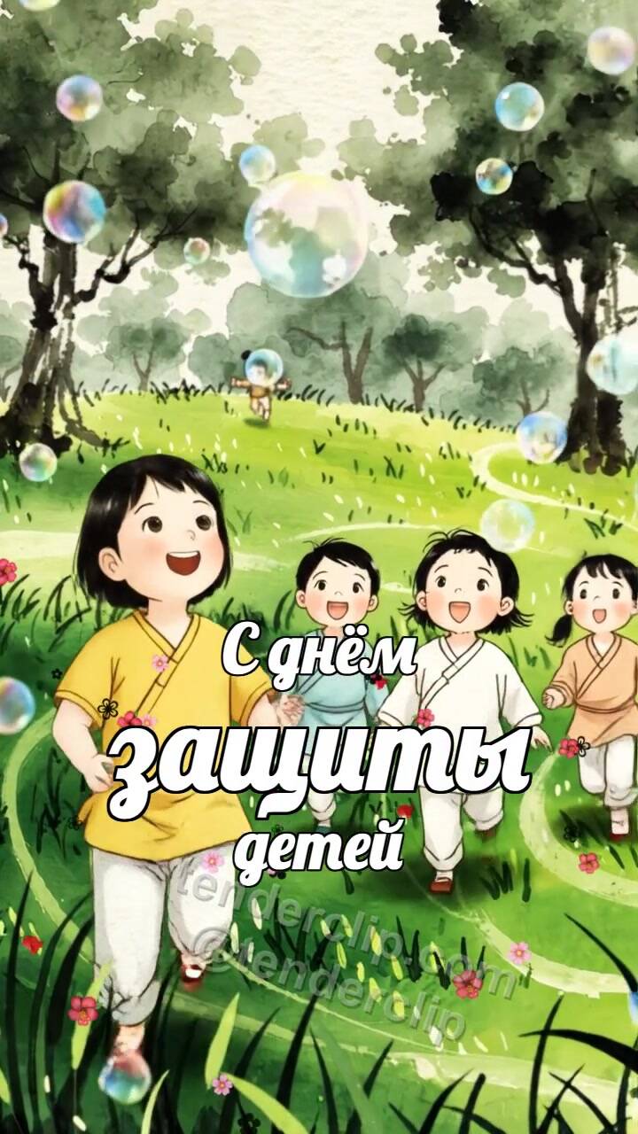 Анимационная открытка на тему С днём защиты детей: дети ловят мыльные пузыри