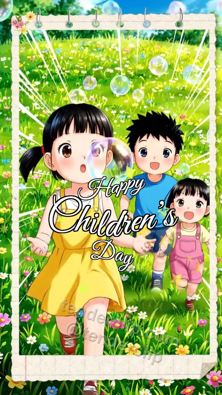 Animated greeting card about Happy Children’s Day: children chase soap bubbles