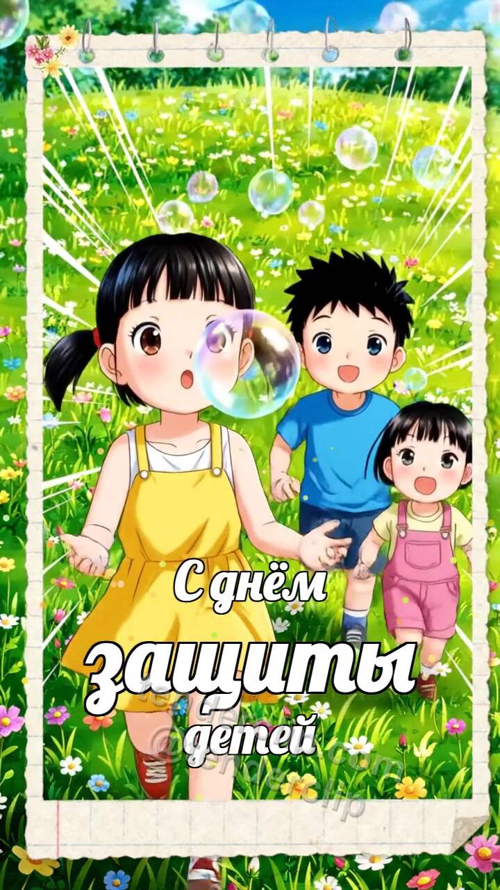 Анимационная открытка на тему С днём защиты детей: дети ловят мыльные пузыри