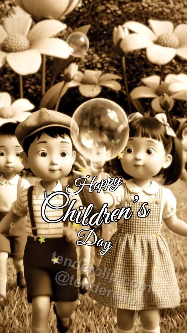 Animated greeting card about Happy Children’s Day: children chase soap bubbles