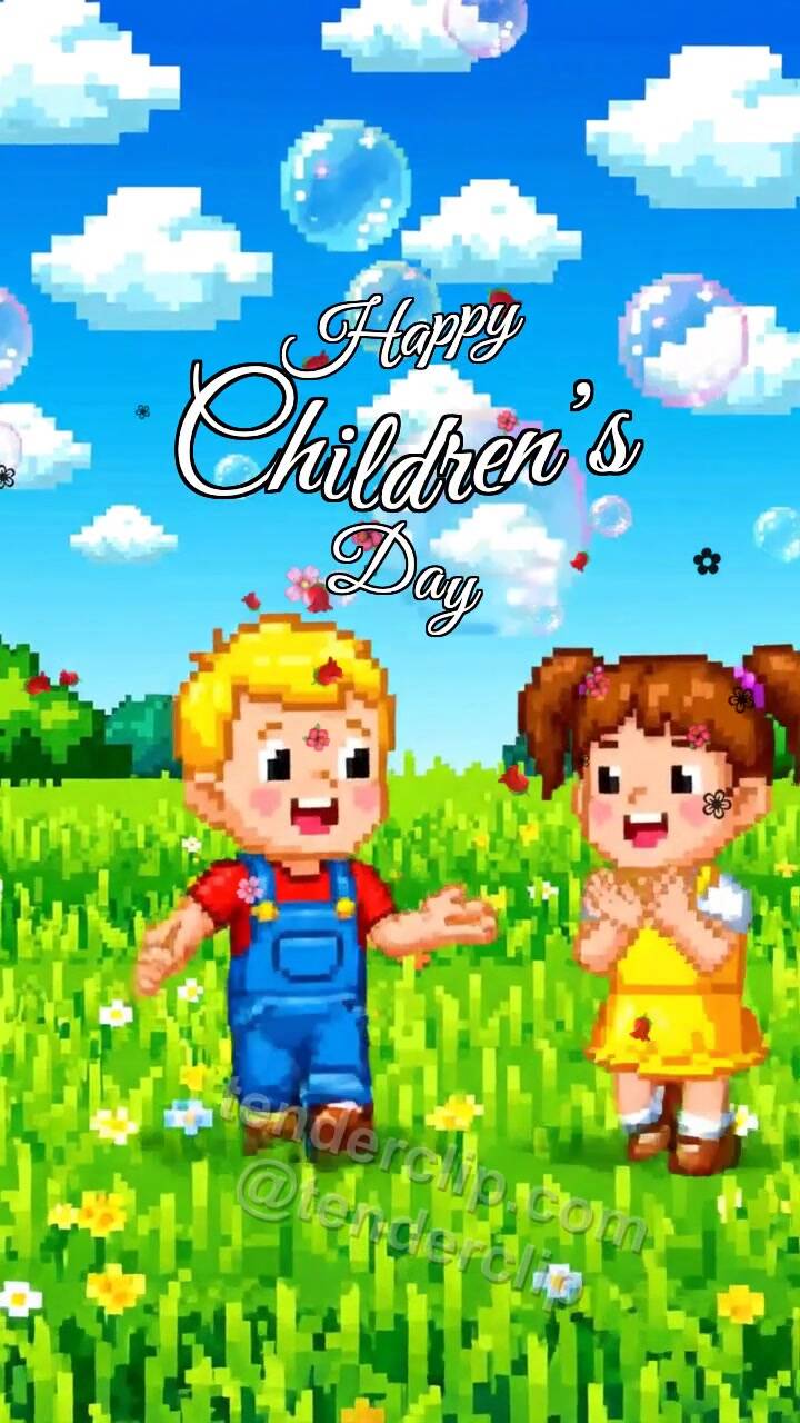Animated greeting card about Happy Children’s Day: children chase soap bubbles