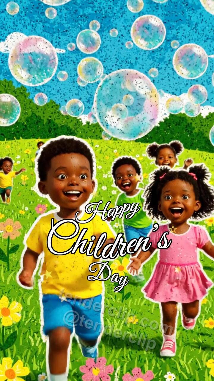 Animated greeting card about Happy Children’s Day: children chase soap bubbles