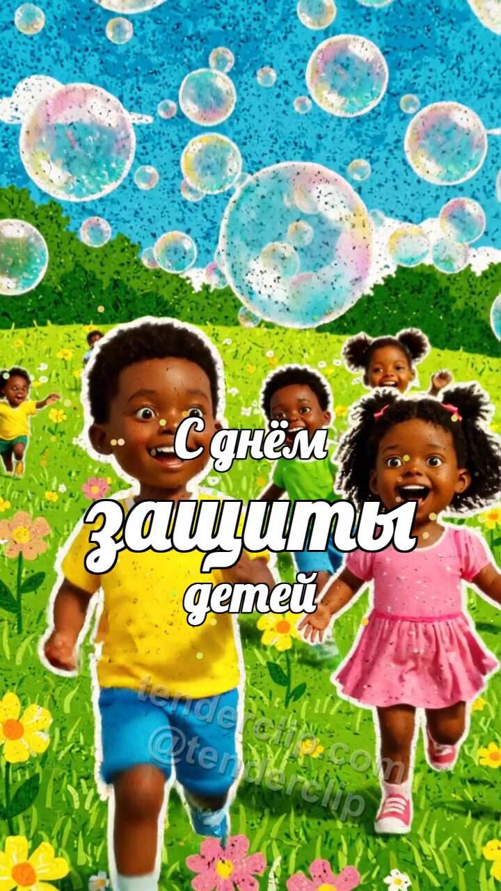 Анимационная открытка на тему С днём защиты детей: дети ловят мыльные пузыри