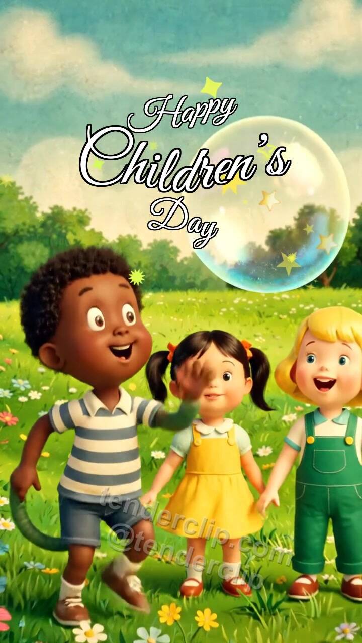 Animated greeting card about Happy Children’s Day: children chase soap bubbles