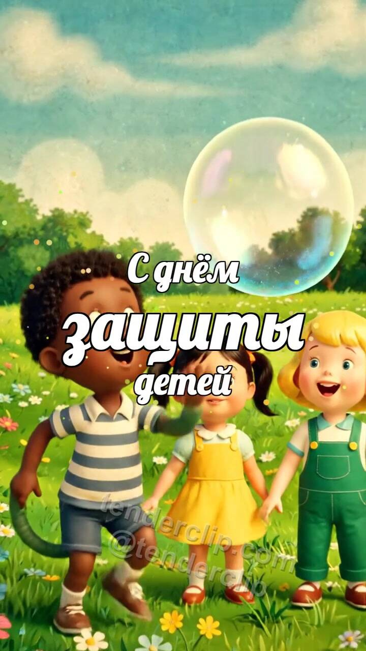 Анимационная открытка на тему С днём защиты детей: дети ловят мыльные пузыри