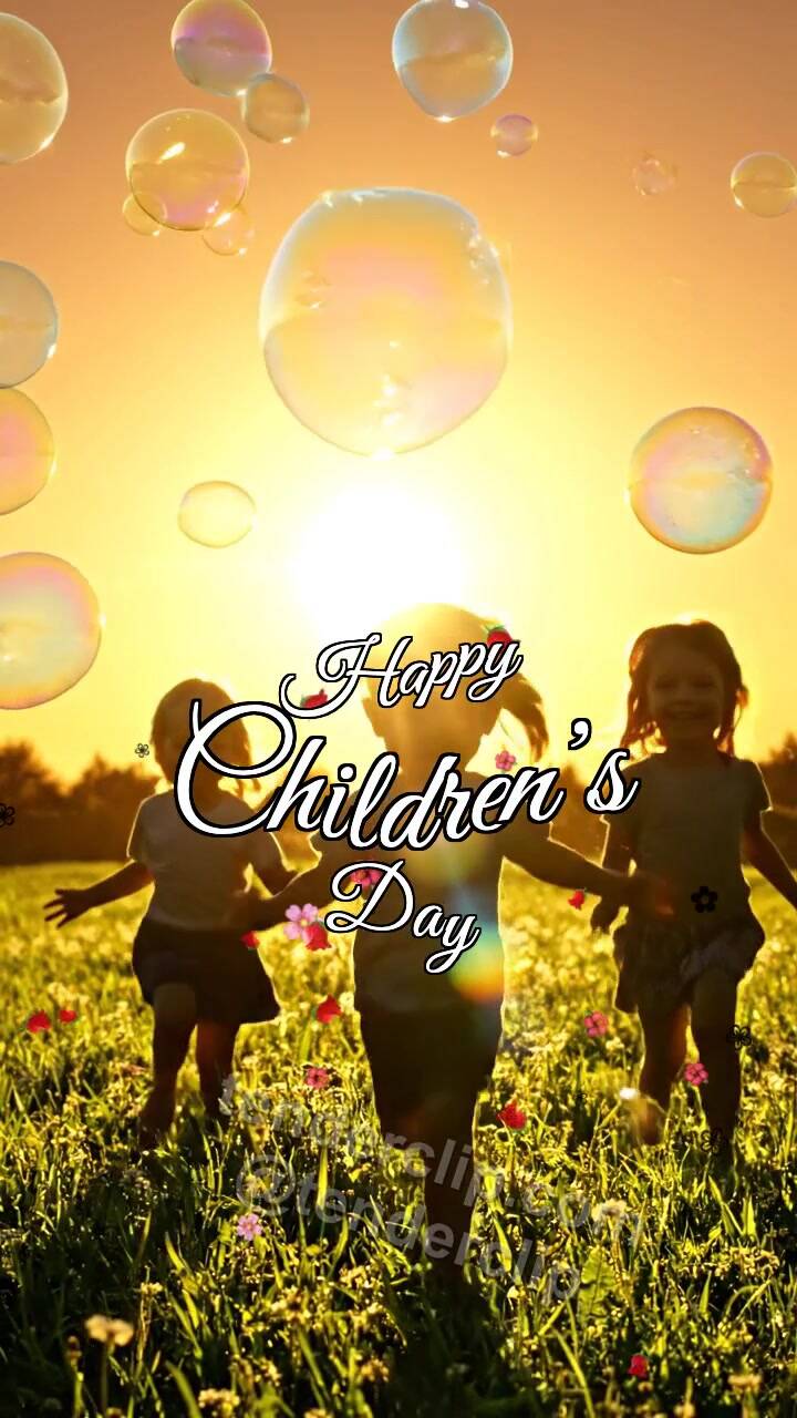 Animated greeting card about Happy Children’s Day: children chase soap bubbles