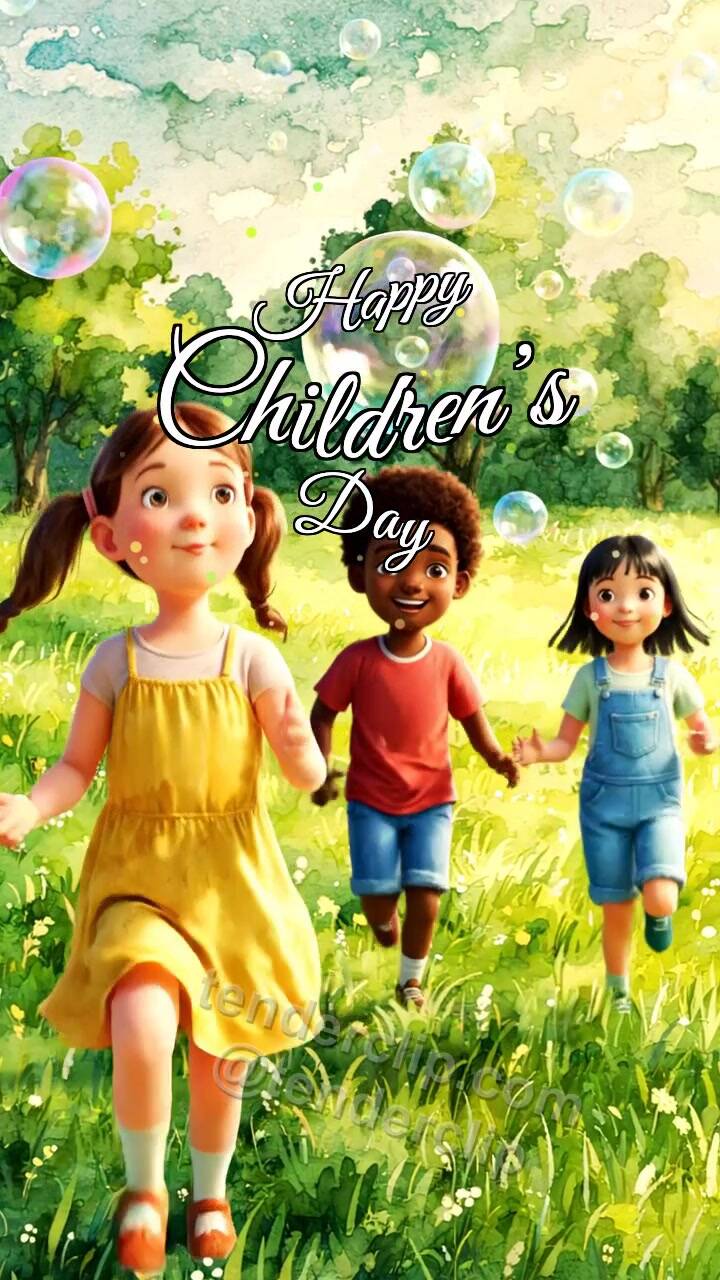 Animated greeting card about Happy Children’s Day: children chase soap bubbles