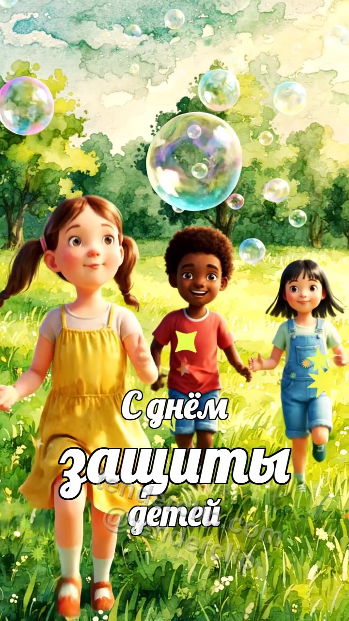Анимационная открытка на тему С днём защиты детей: дети ловят мыльные пузыри