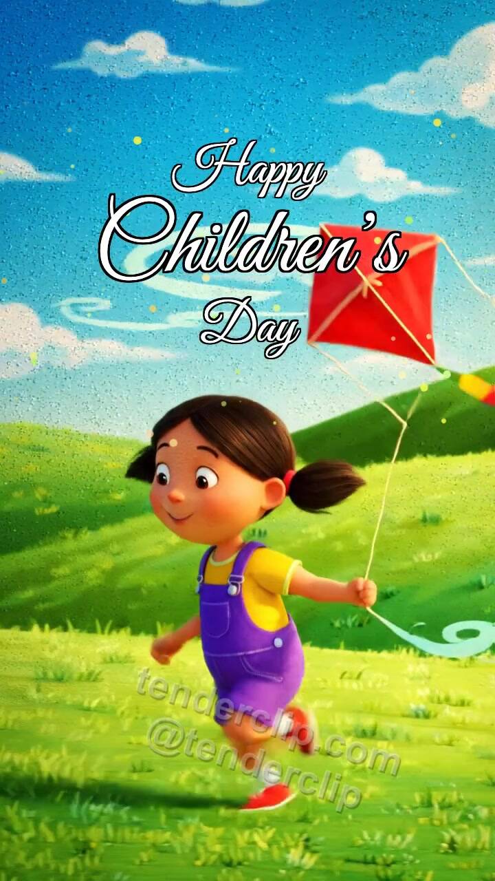Animated greeting card about Happy Children’s Day: child launches a kite