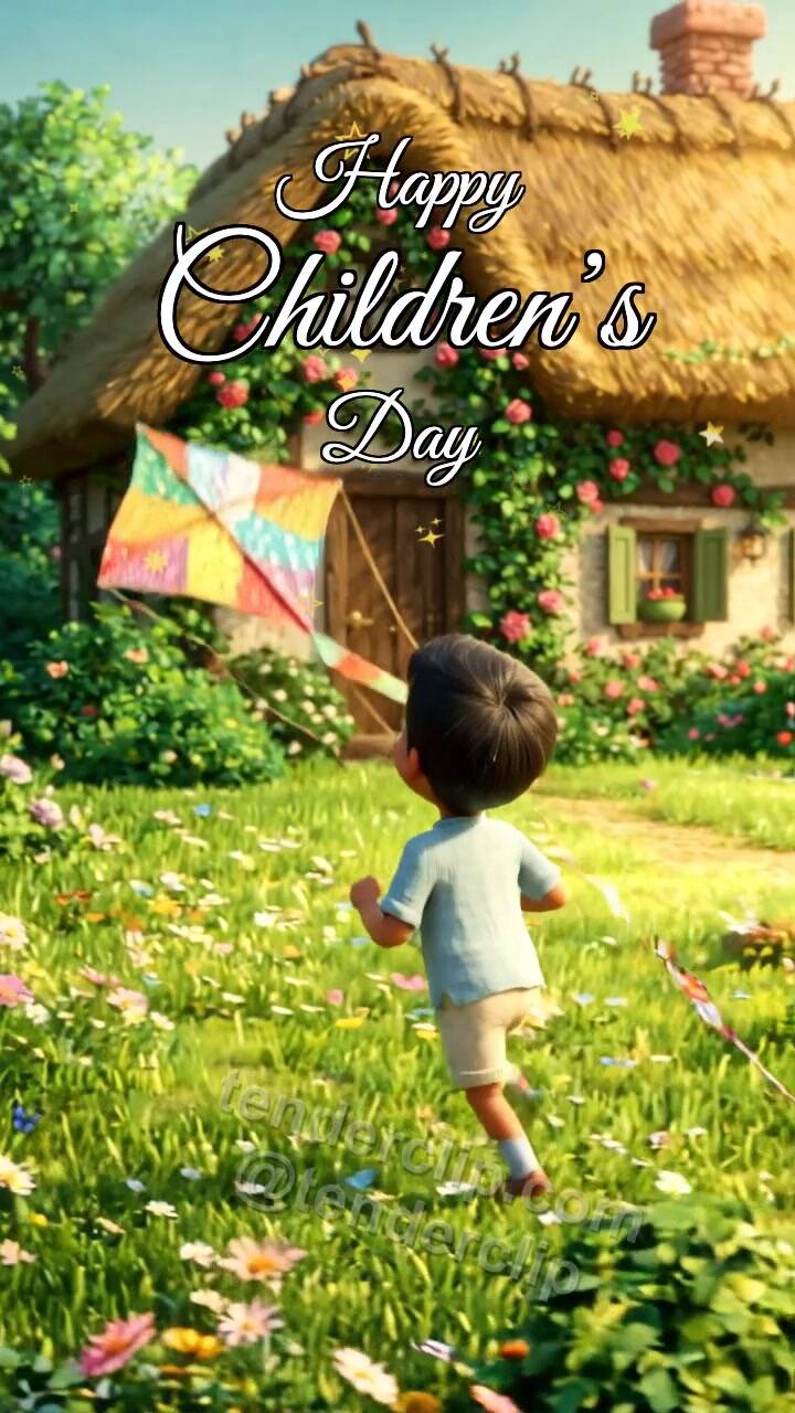 Animated greeting card about Happy Children’s Day: child launches a kite