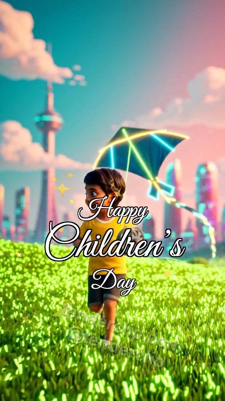 Animated greeting card about Happy Children’s Day: child launches a kite