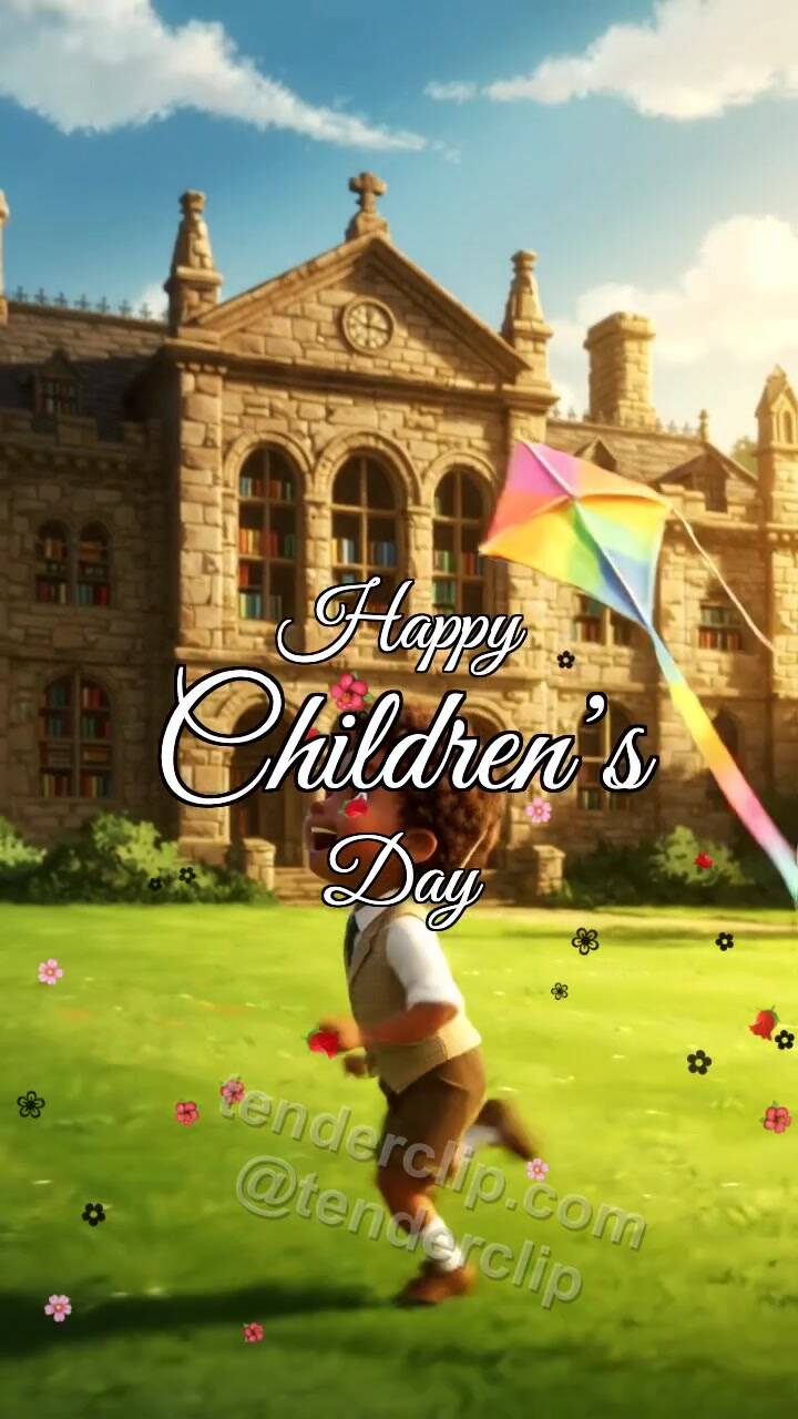 Animated greeting card about Happy Children’s Day: child launches a kite