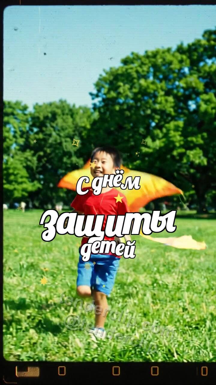 Анимационная открытка на тему С днём защиты детей: ребёнок запускает воздушного змея
