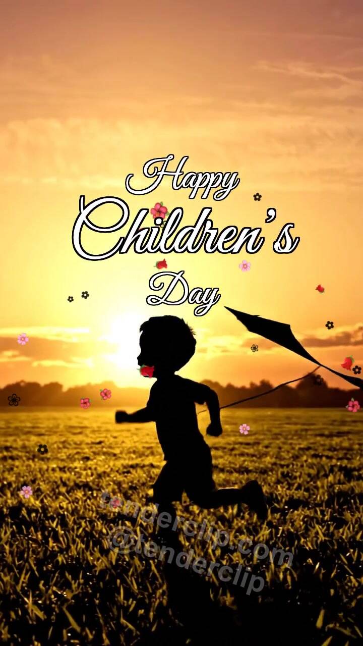 Animated greeting card about Happy Children’s Day: child launches a kite
