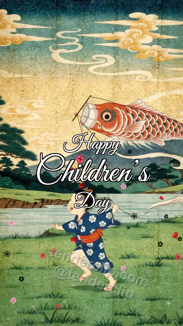 Animated greeting card about Happy Children’s Day: child launches a kite