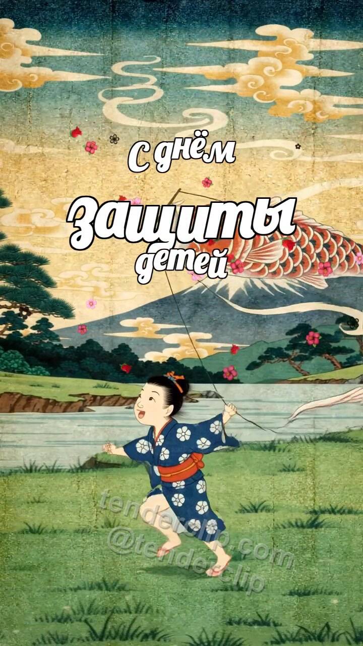 Анимационная открытка на тему С днём защиты детей: ребёнок запускает воздушного змея