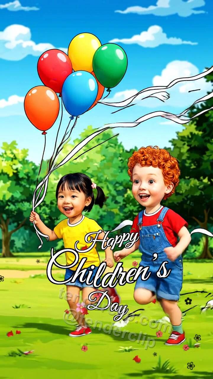 Animated greeting card about Happy Children’s Day: children run with balloons
