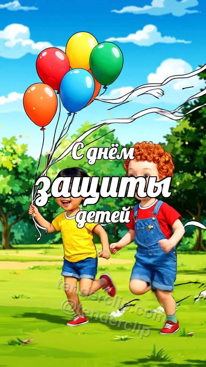 Анимационная открытка на тему С днём защиты детей: дети бегут с воздушными шарами