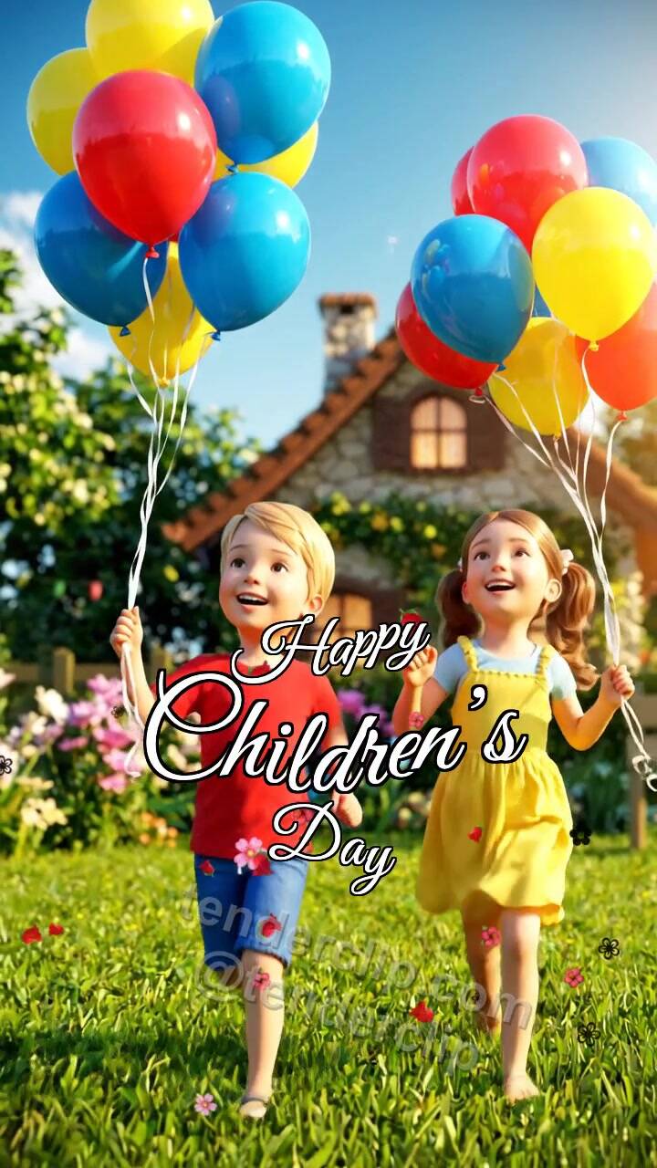Animated greeting card about Happy Children’s Day: children run with balloons