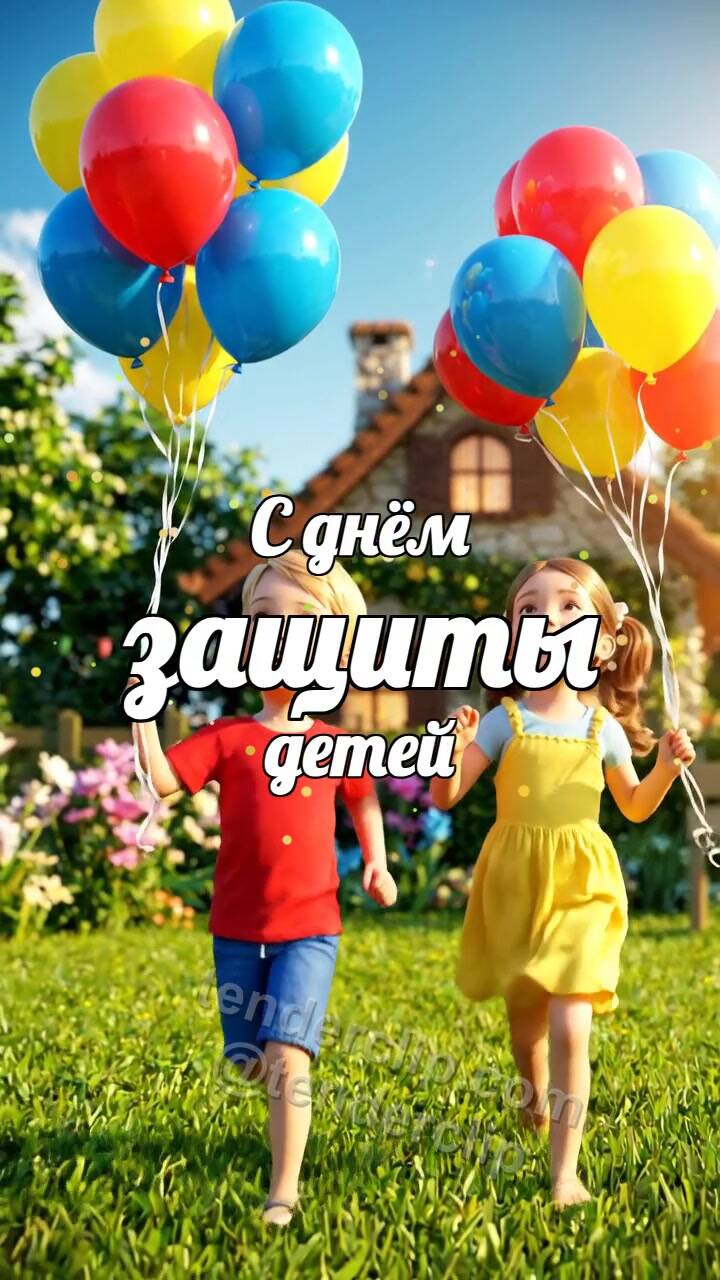 Анимационная открытка на тему С днём защиты детей: дети бегут с воздушными шарами
