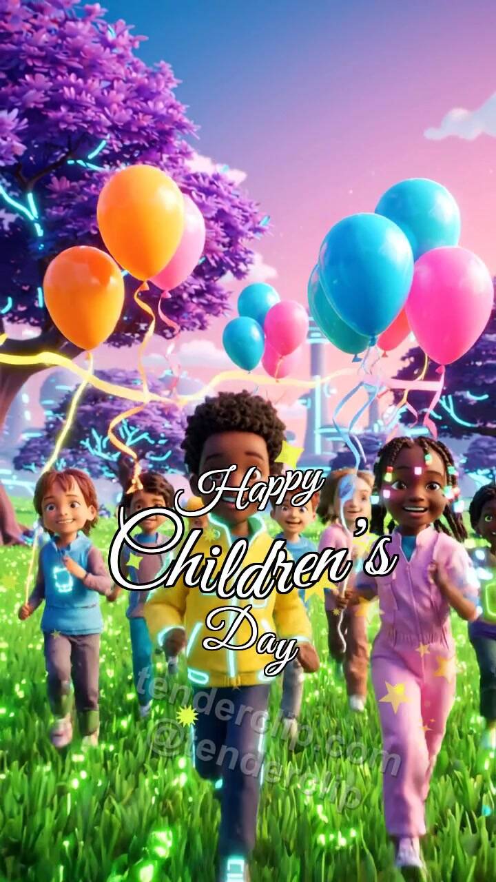 Animated greeting card about Happy Children’s Day: children run with balloons