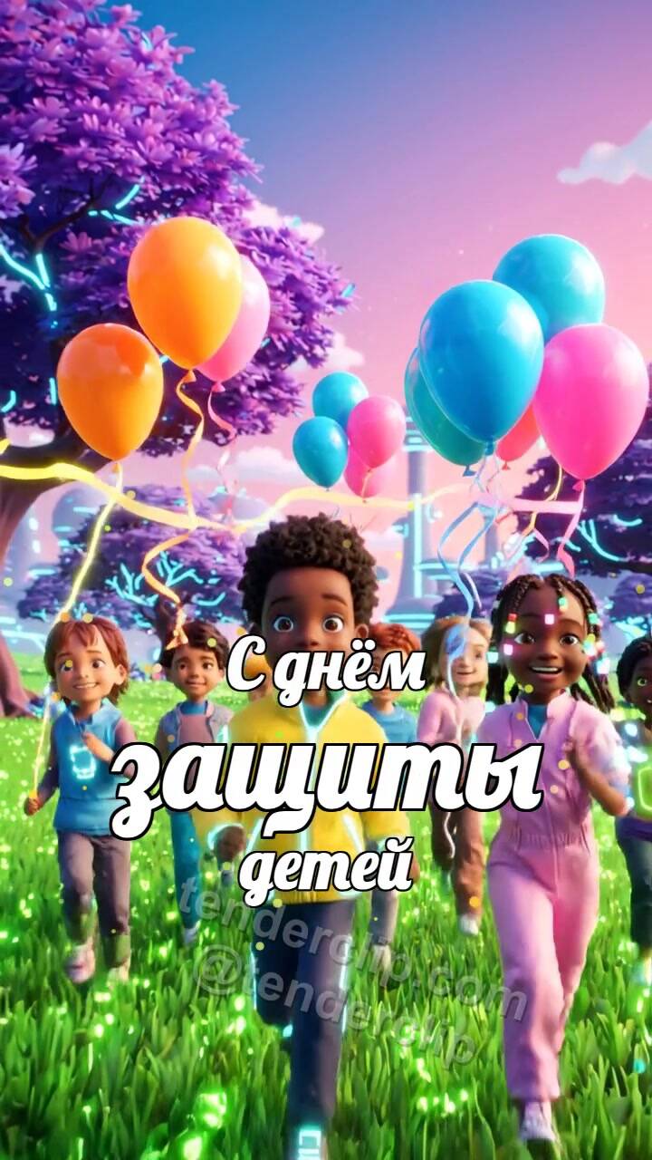 Анимационная открытка на тему С днём защиты детей: дети бегут с воздушными шарами