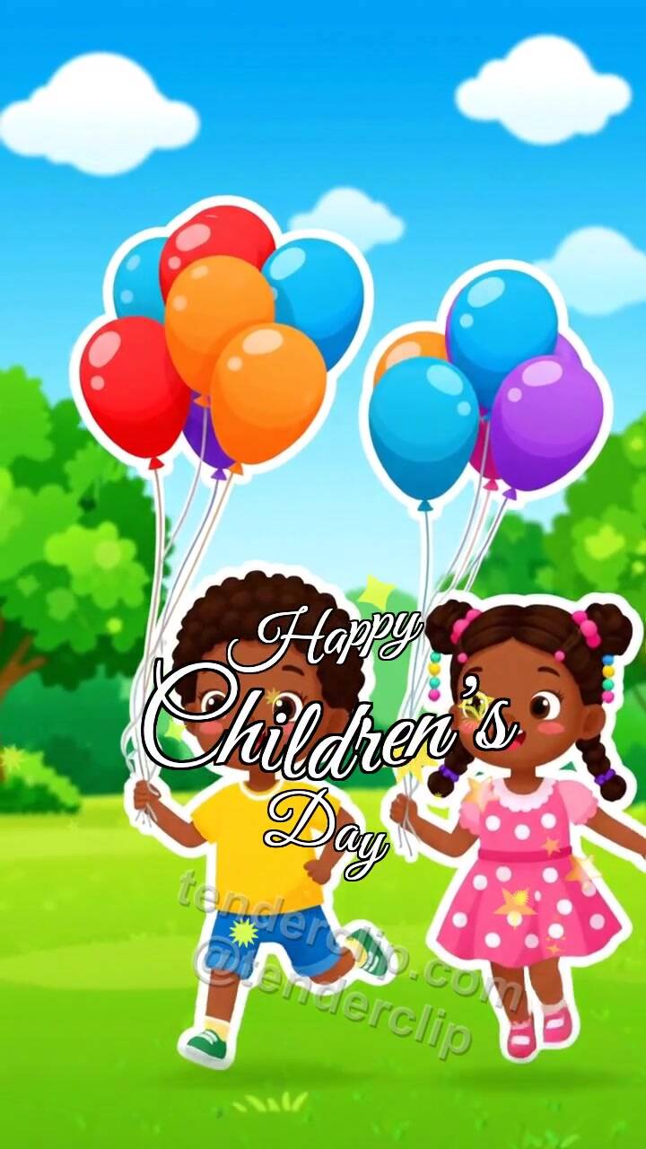 Animated greeting card about Happy Children’s Day: children run with balloons