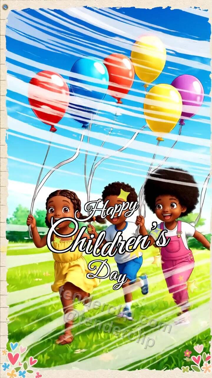 Animated greeting card about Happy Children’s Day: children run with balloons