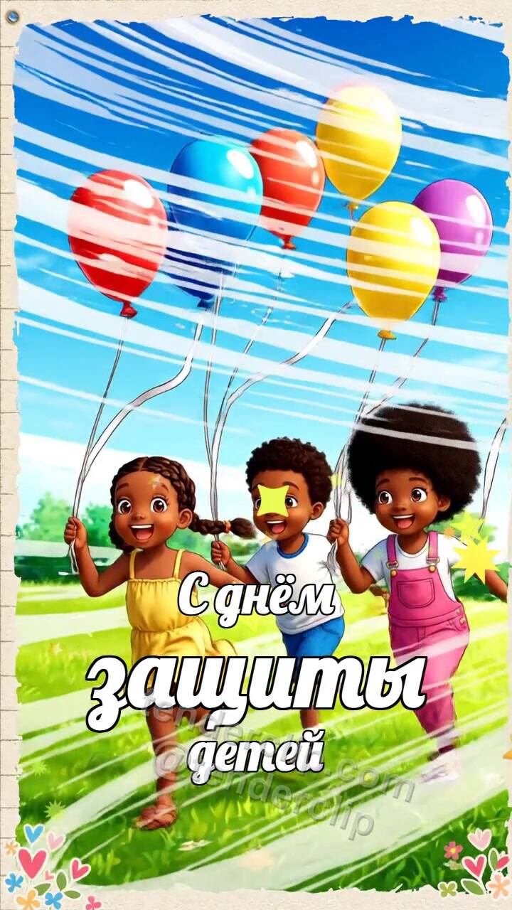Анимационная открытка на тему С днём защиты детей: дети бегут с воздушными шарами
